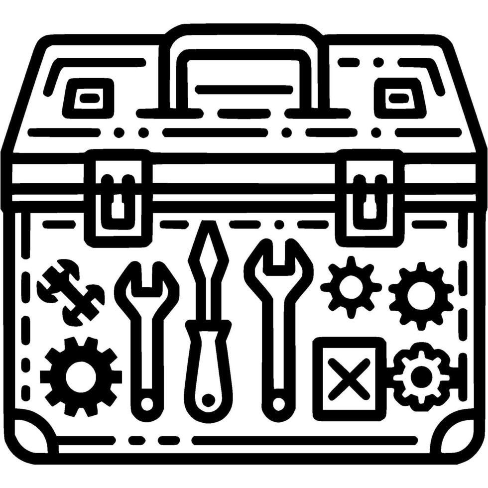 Box with installation tools doodle icon. Auto mechanic tool set. Simple minimalistic symbol in black on white background vector