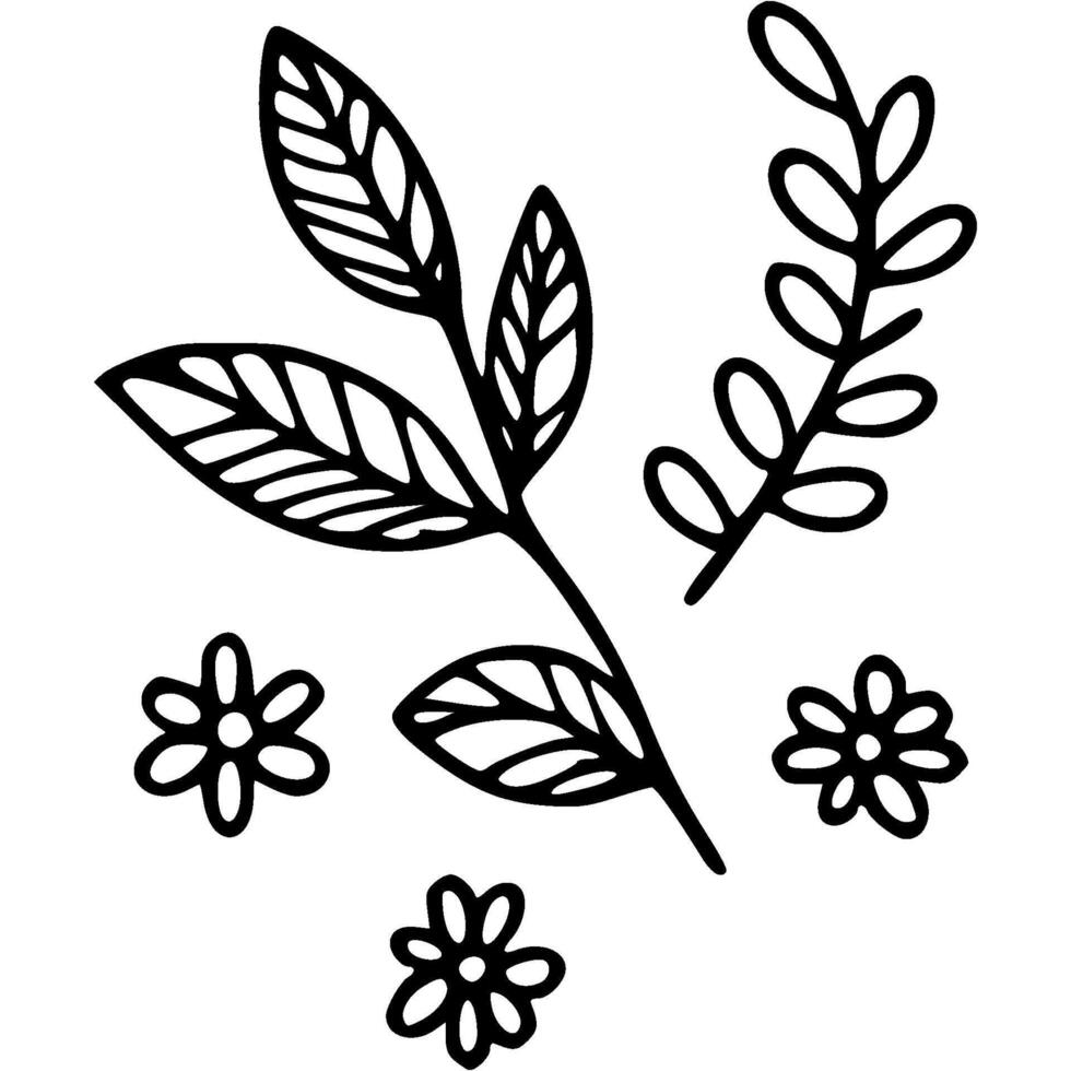 Twigs with leaves and flowers of tea bush doodle icon. Tea leaf. Simple minimalistic symbol in black on white background vector