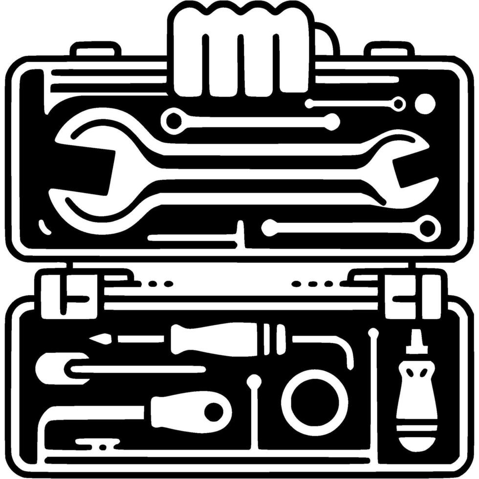Hand of professional builder holds opened toolbox in monochrome. Tool box. Simple minimalistic in black ink drawing on white background vector