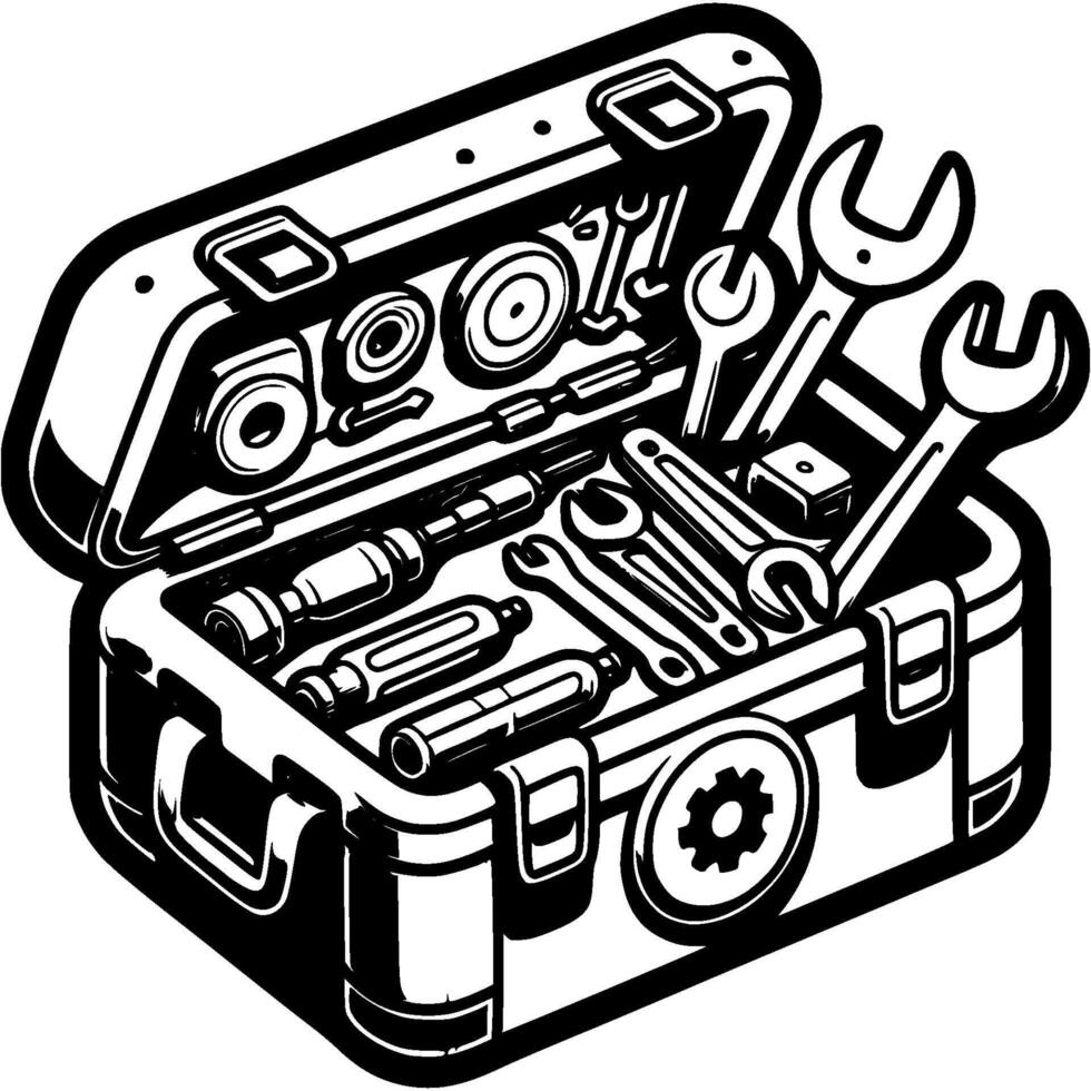 Toolbox is opened with instrument inside in monochrome. Box with many tools inside. Simple minimalistic in black ink drawing on white background vector