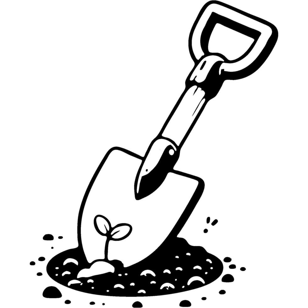Garden shovel digs up young plant seedling in monochrome. Spring field work. Simple minimalistic in black ink drawing on white background vector