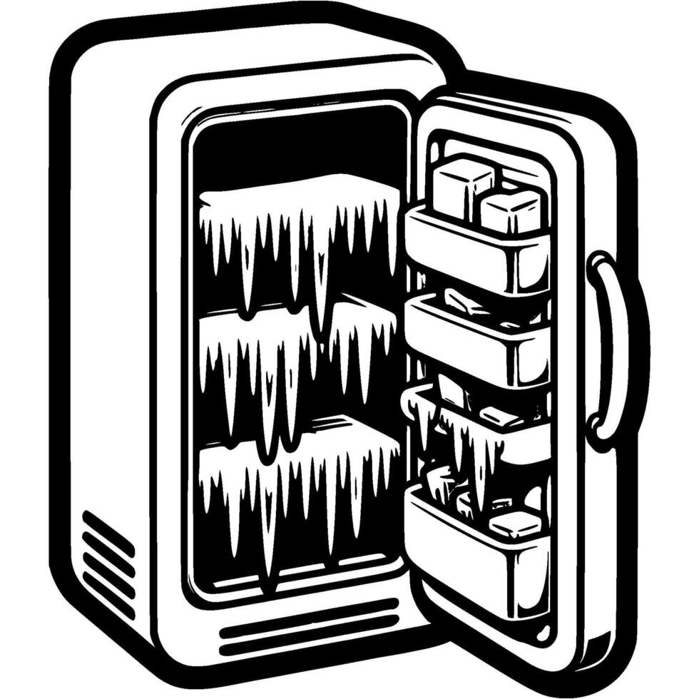 Refrigerator with open door with frozen icicles and ice on shelves in monochrome. Defrosting of home refrigerator. Simple minimalistic in black ink drawing on white background vector
