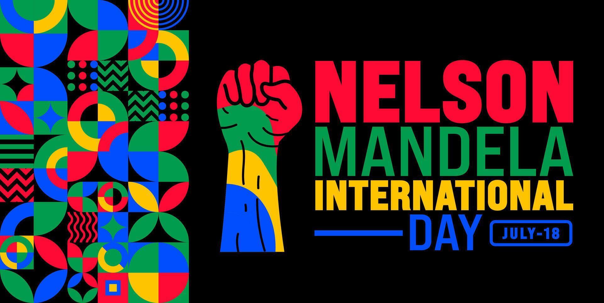 18 July is Nelson Mandela International Day geometric shape pattern and strong hand rising background template. Use to banner, placard, card, and poster design template. vector