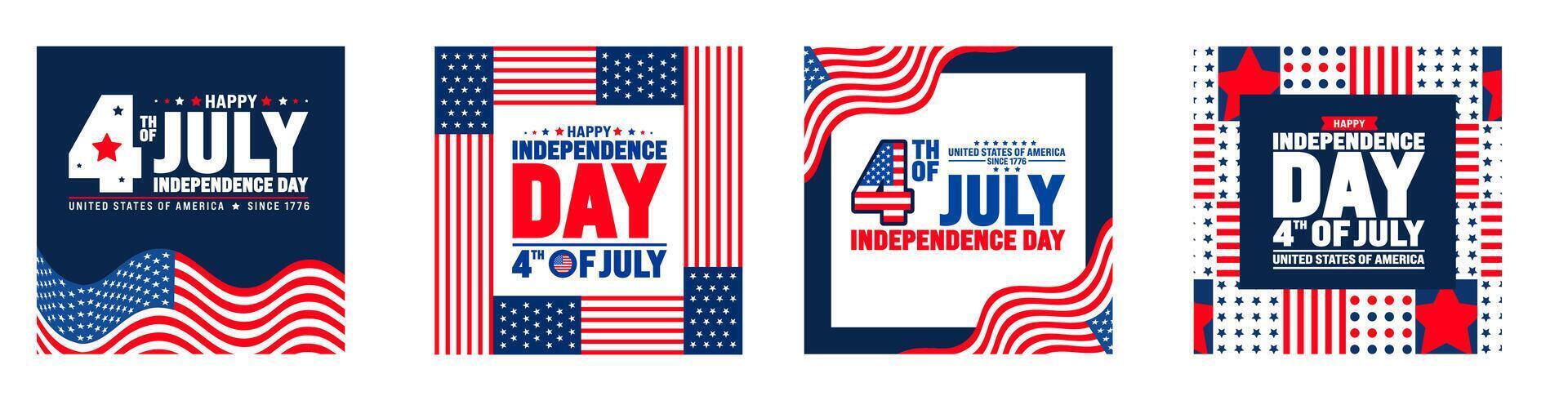 4th of July happy independence day social media post banner or background design template set with calligraphy text and USA flag. United States of America Independence Day banner Celebration. vector