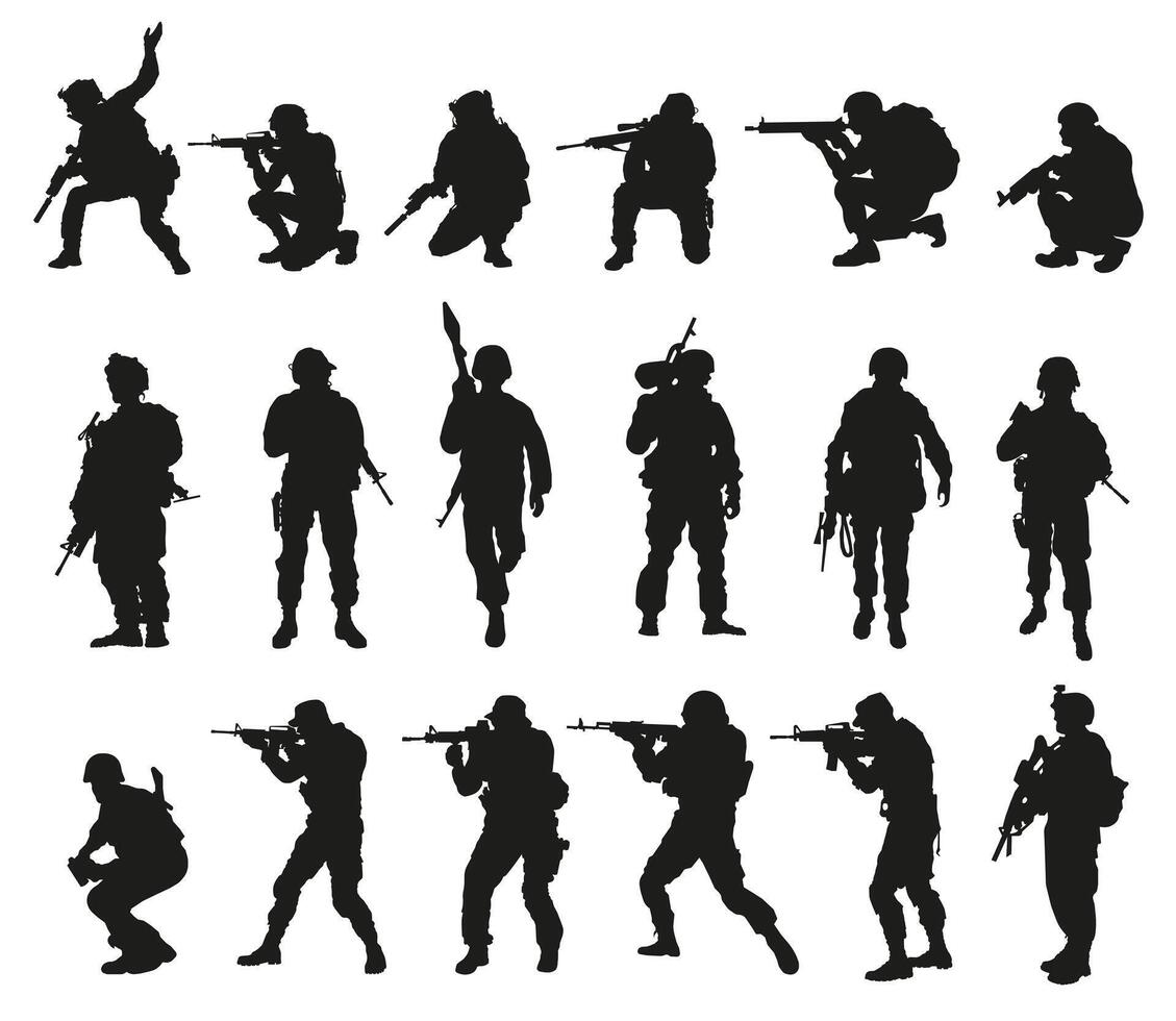Soldiers in uniform with pistols and machine guns on a white background. Soldiers standing and crouching as well as going on the attack. vector