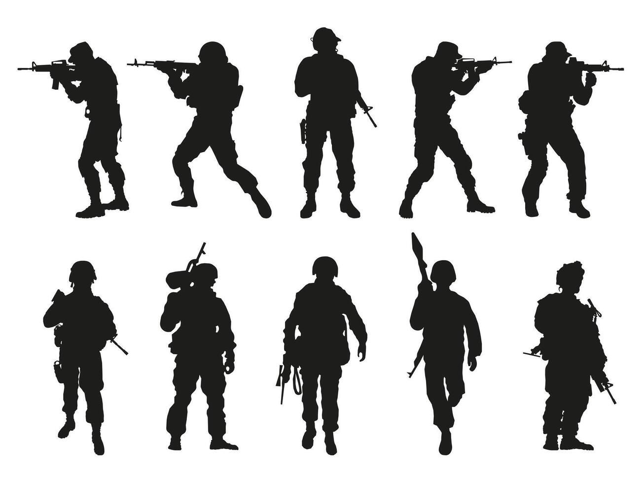 Editable foreground silhouettes of standing soldiers on patrol, with shapes as small elements. vector