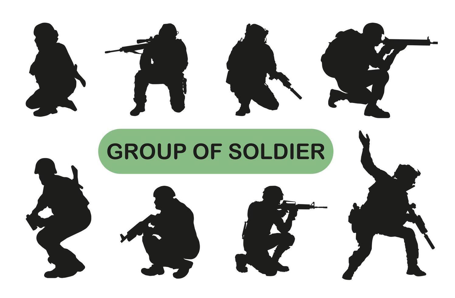 Modern soldier in combat positions. graphics. Black silhouette on a white background. vector