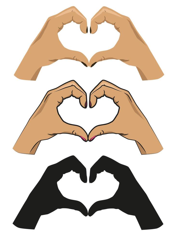 illustration of hands making a heart symbol. Hands show a heart sign. Different styles. vector