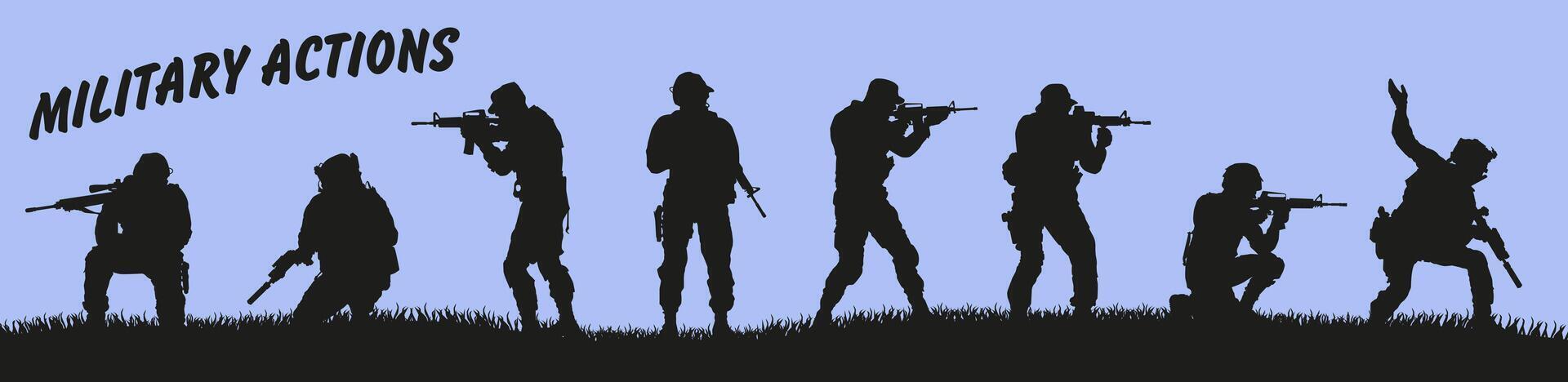 Silhouette of soldiers ready for battle. Black silhouettes on a blue background. graphics. vector