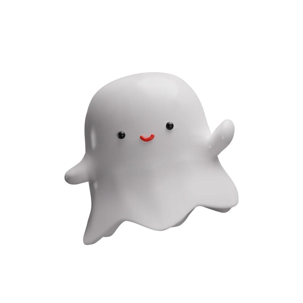 3D rendering ghost for Halloween holiday. illustration in cute cartoon render style. Spooky, scary fantasy character. Boo plastic costume of monster. Boo face concept design for mystery party vector