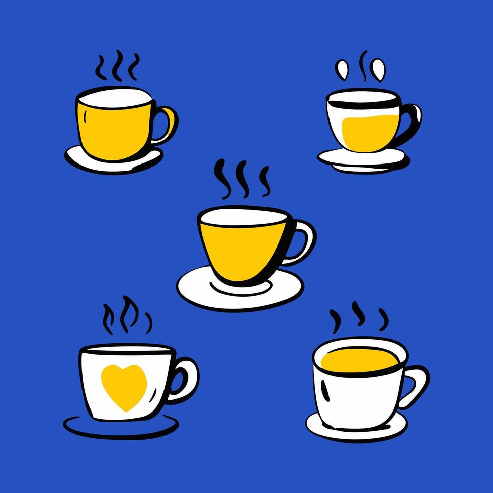coffee cups and saucers on blue background vector