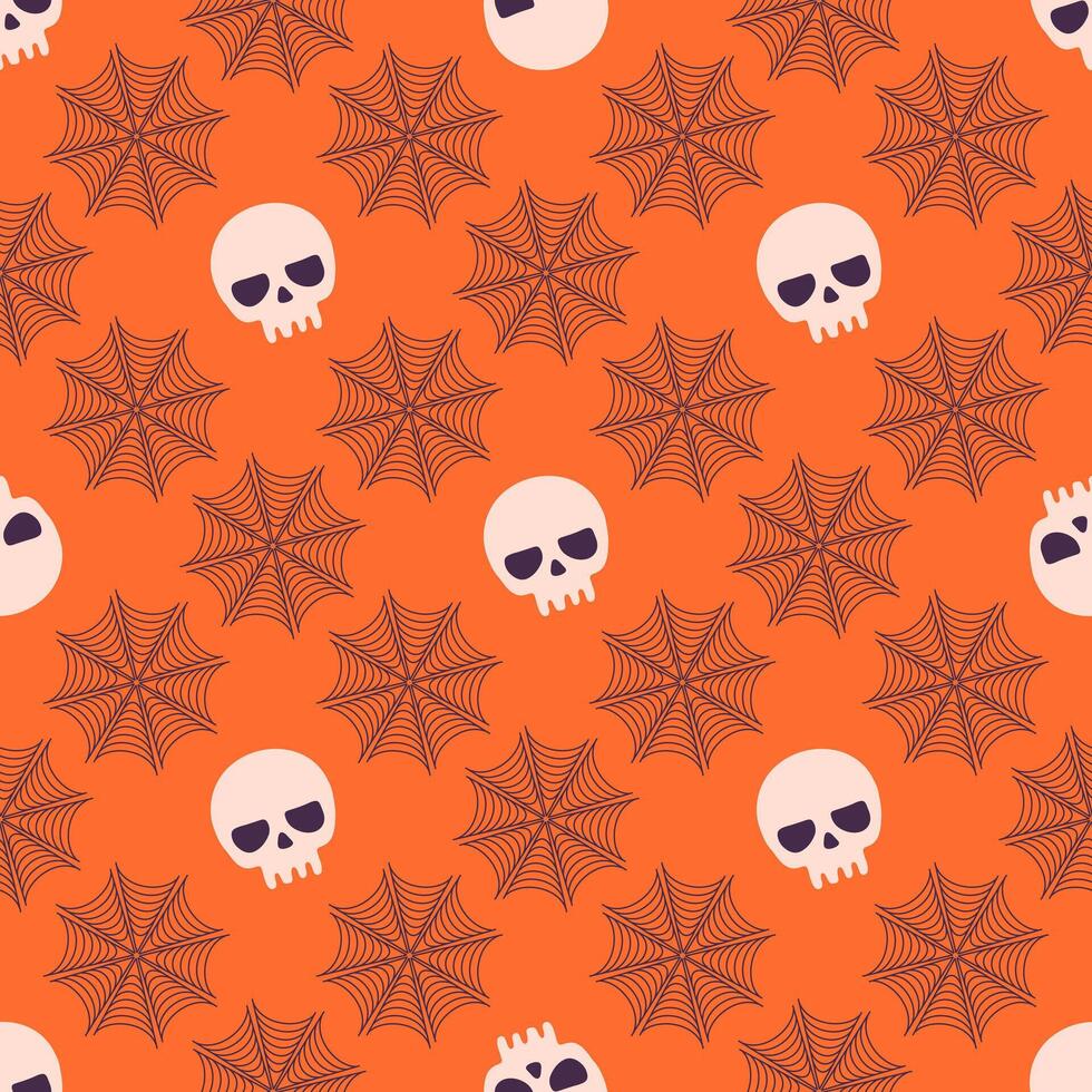 A Halloween themed pattern of skulls and spider webs vector