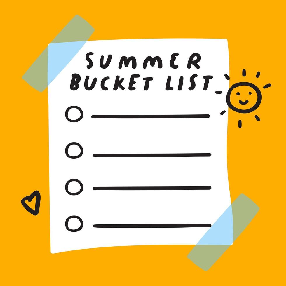 Summer bucket list on orange background. Cute hand drawn design. illustration. Handwriting font. vector