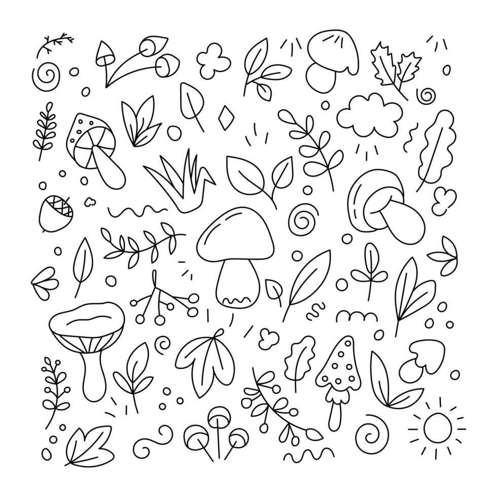 Doodle set of mushrooms and leaves. vector