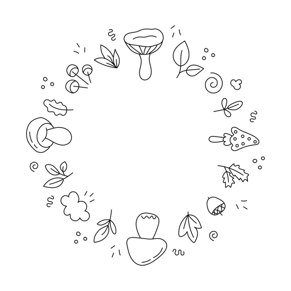 Frame of mushrooms and leaves doodle. vector