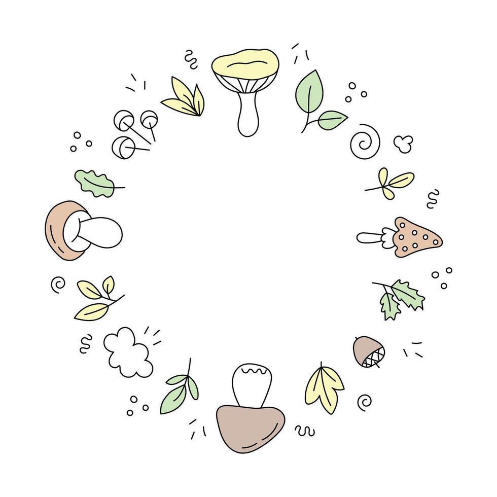 Frame of mushrooms and leaves doodle. vector