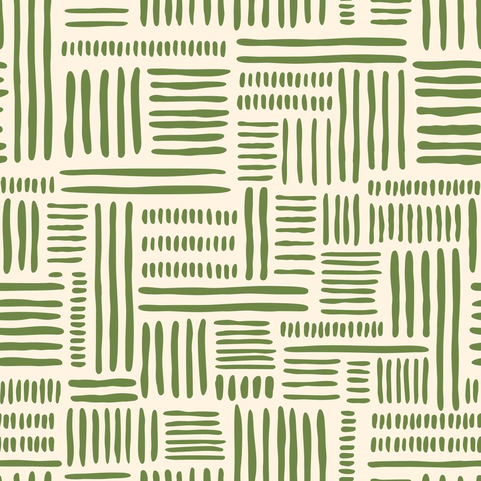 Green geometric tribal patchwork seamless pattern. Hand drawn lines, striped tropical wallpaper, organic print, summer textile design. African boho folk motif, cute ornament. illustration. vector