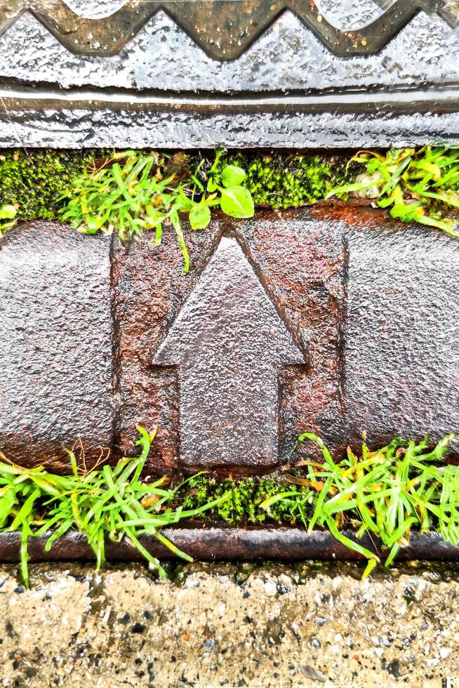 Metal Arrow Up Surrounded by Green Grass, Symbol of Harmonious Fusion of Modern Technology and Nature, Concept of Direction and Movement, and Path to Development and Progress, Vertical Frame. photo