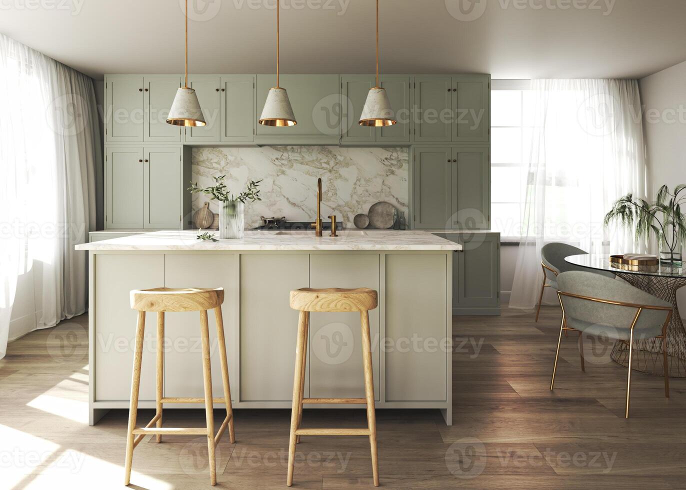 Green kitchen cabinet with wooden floor, dining table and bar chair. Modern luxury classic style with mint furniture. Decoration plants in vase. 3d rendering. High quality 3d illustration photo