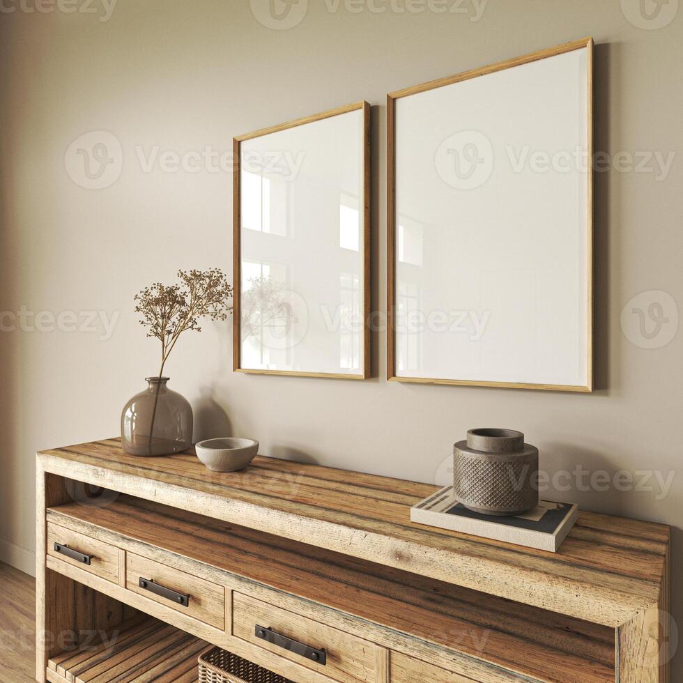 Commode with decor in farmhouse living room interior. Light beige wall mock up background. Empty picture frame. 3d render. High quality 3d illustration photo