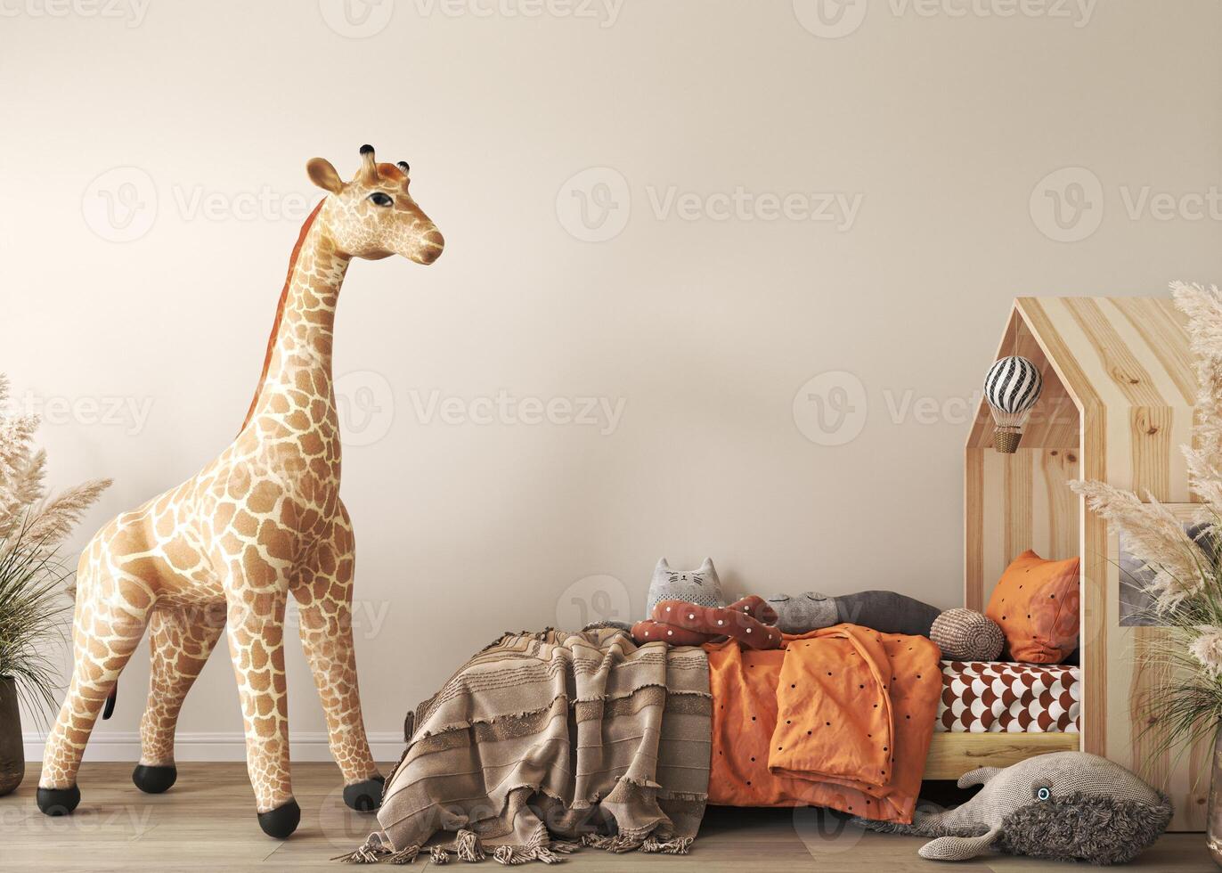 Mockup beige wall in child room interior. Interior design scandinavian style with big toys, canvas bedding. 3d rendering. High quality 3d illustration photo