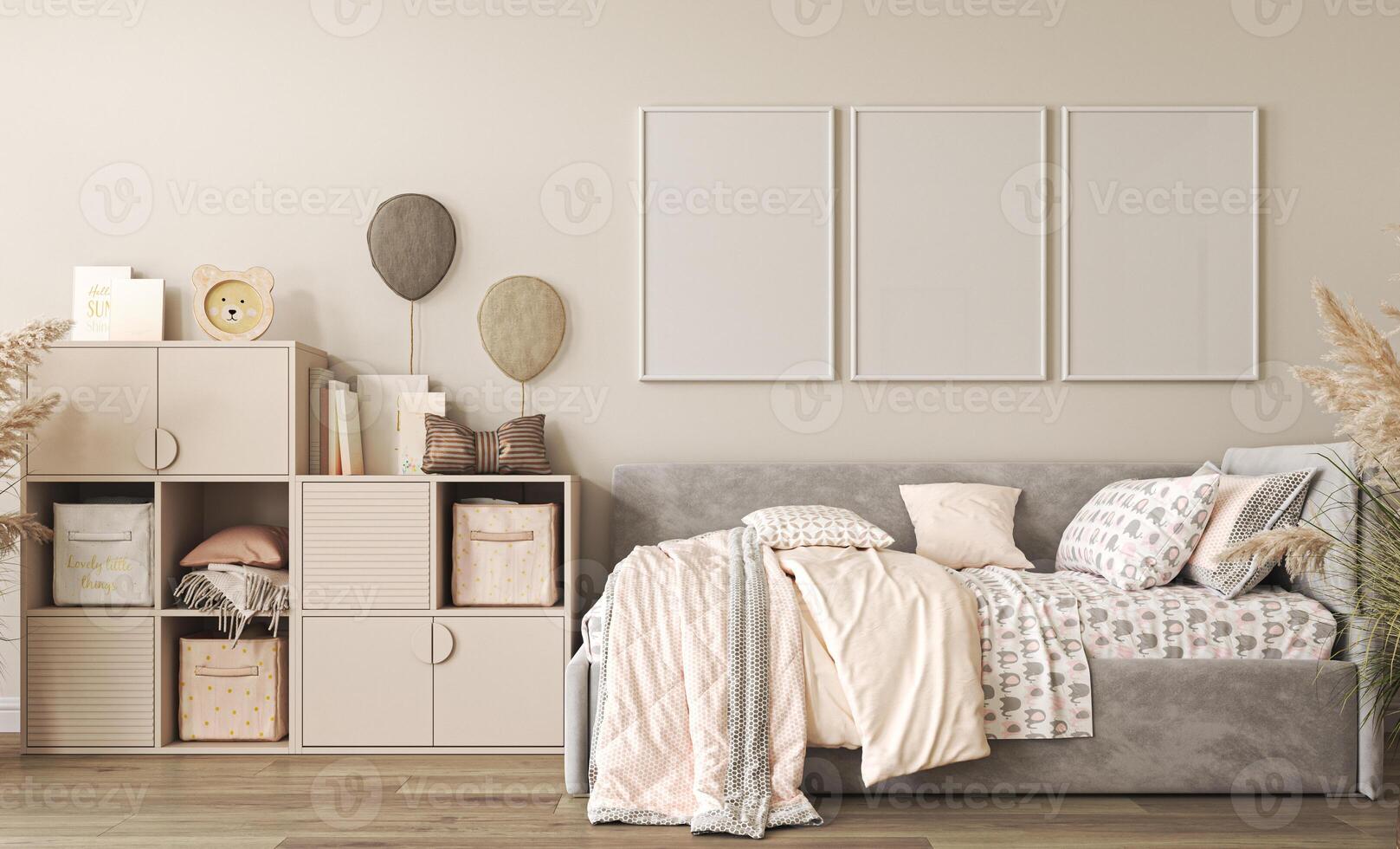 Empty white wall in modern children room with bed and toys. Mock up interior in scandinavian style. Cozy room for kids. 3d rendering. High quality 3d illustration photo