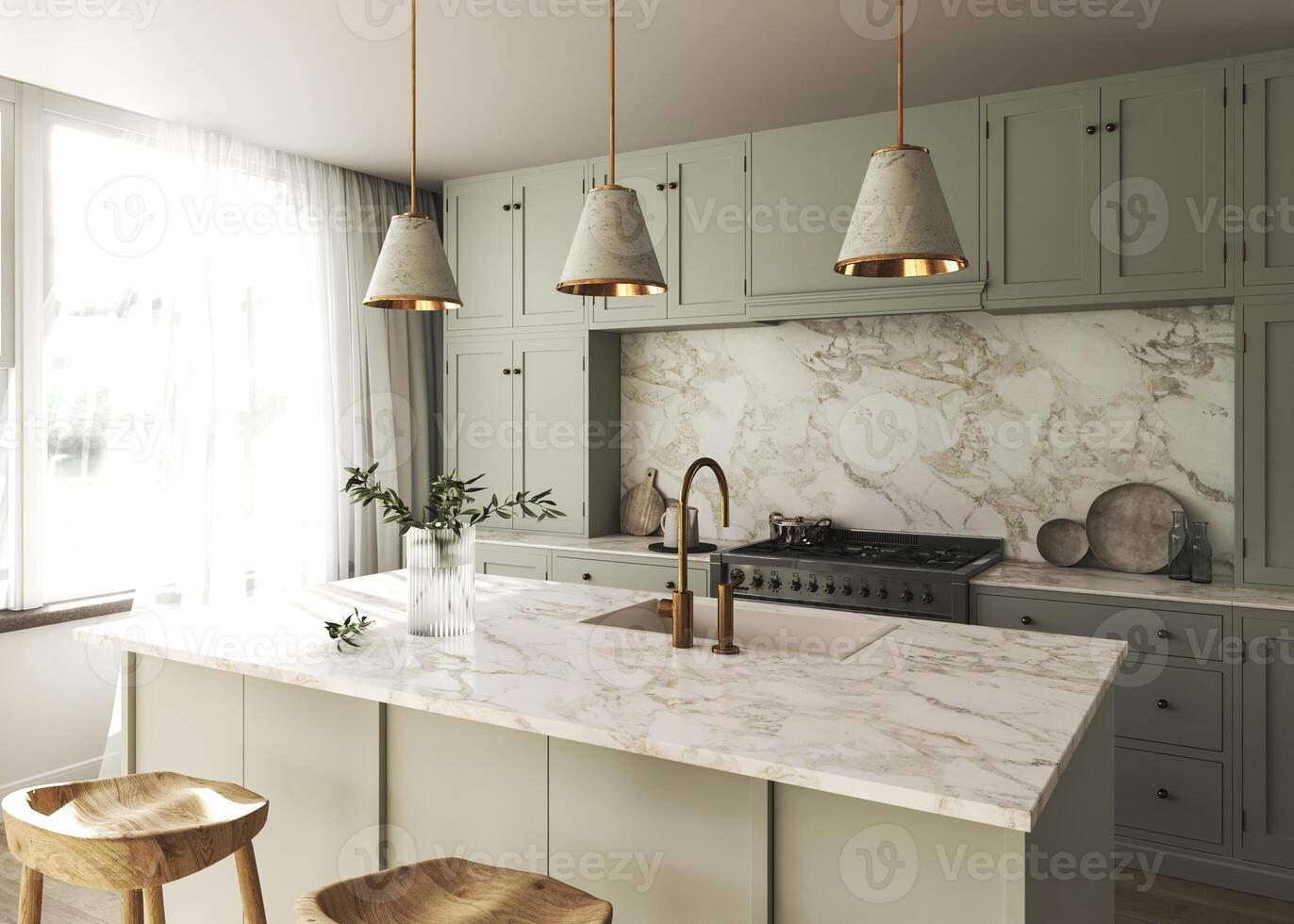 Modern Japandi mock up room interior design and decoration with green pastel counter and cabinet. Wooden chair and twigs in vase. 3d rendering kitchen. High quality 3d illustration photo