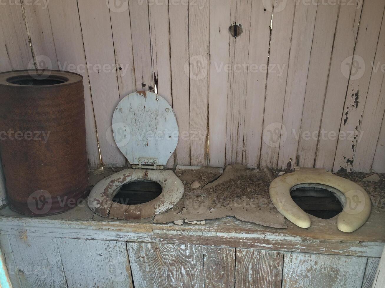 Abandoned Outhouse with Two Old Toilet Seats photo