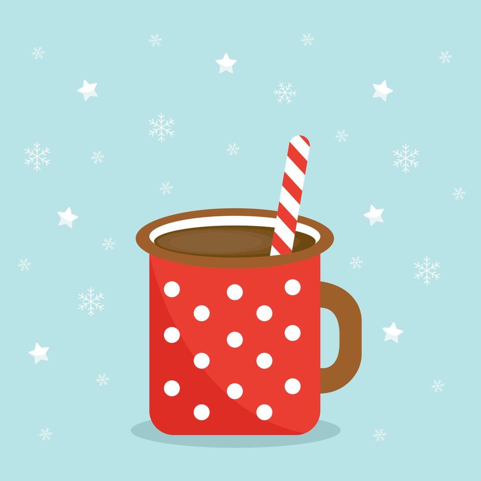Christmas card with cocoa and Christmas stick. Christmas hot chocolate on a blue background with stars and snowflakes vector