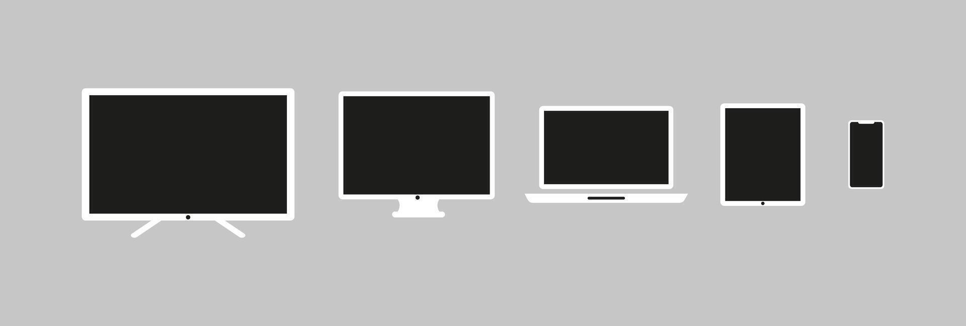 Set of mokap TV, monitor, computer, tablet and phone white on a gray background. vector