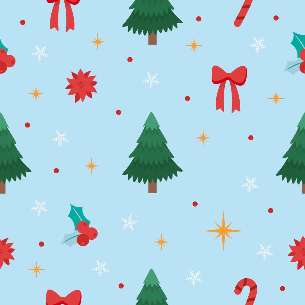 Christmas seamless pattern of Christmas tree, stars, snowflakes, Christmas flowers. graphics in cartoon flat style vector