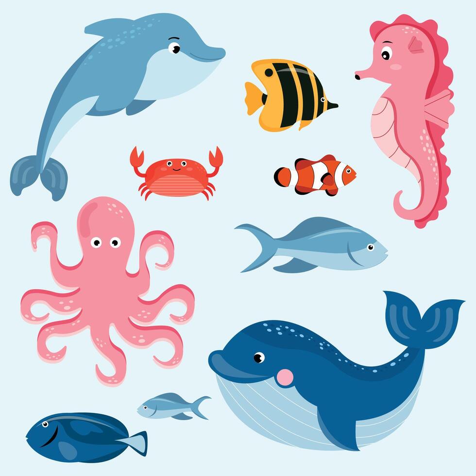 Set of sea fish, dolphin, whale, octopus and seahorse vector