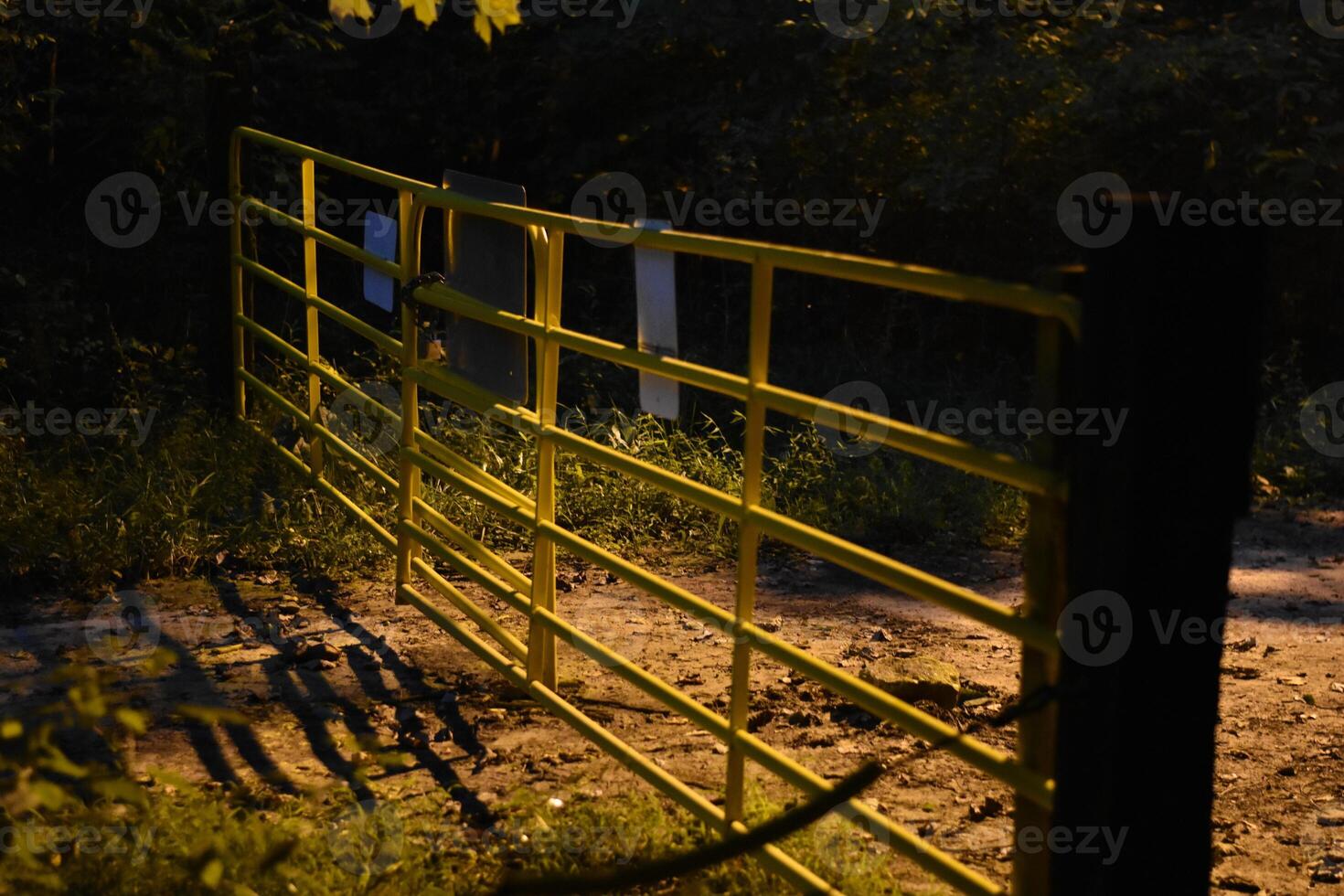 Creepy Yellow Gate Fence at Night Illuminated by Streetlight photo