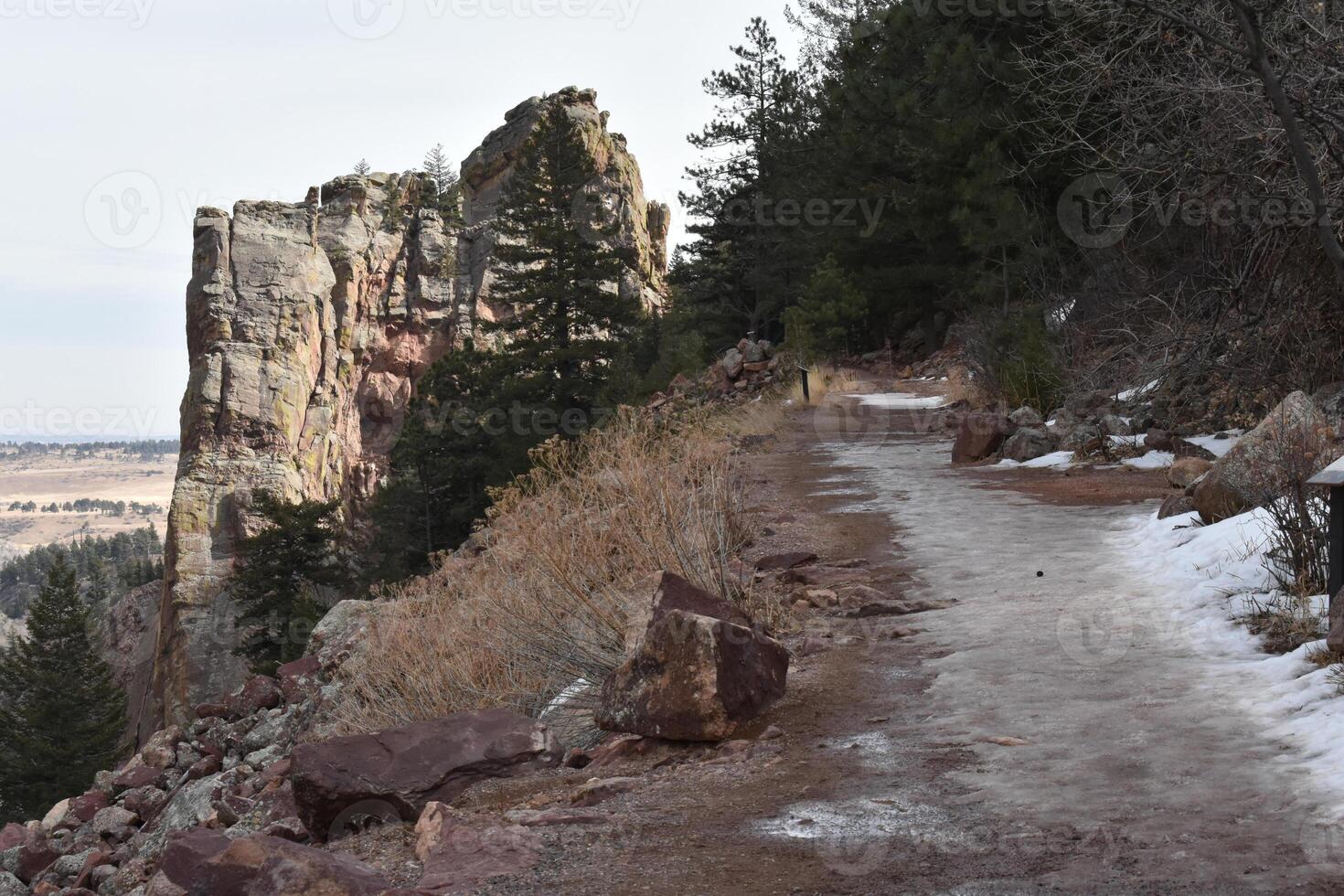 Slippery Snow Melting on Trail with Beautiful View near Boulder, Colorado photo