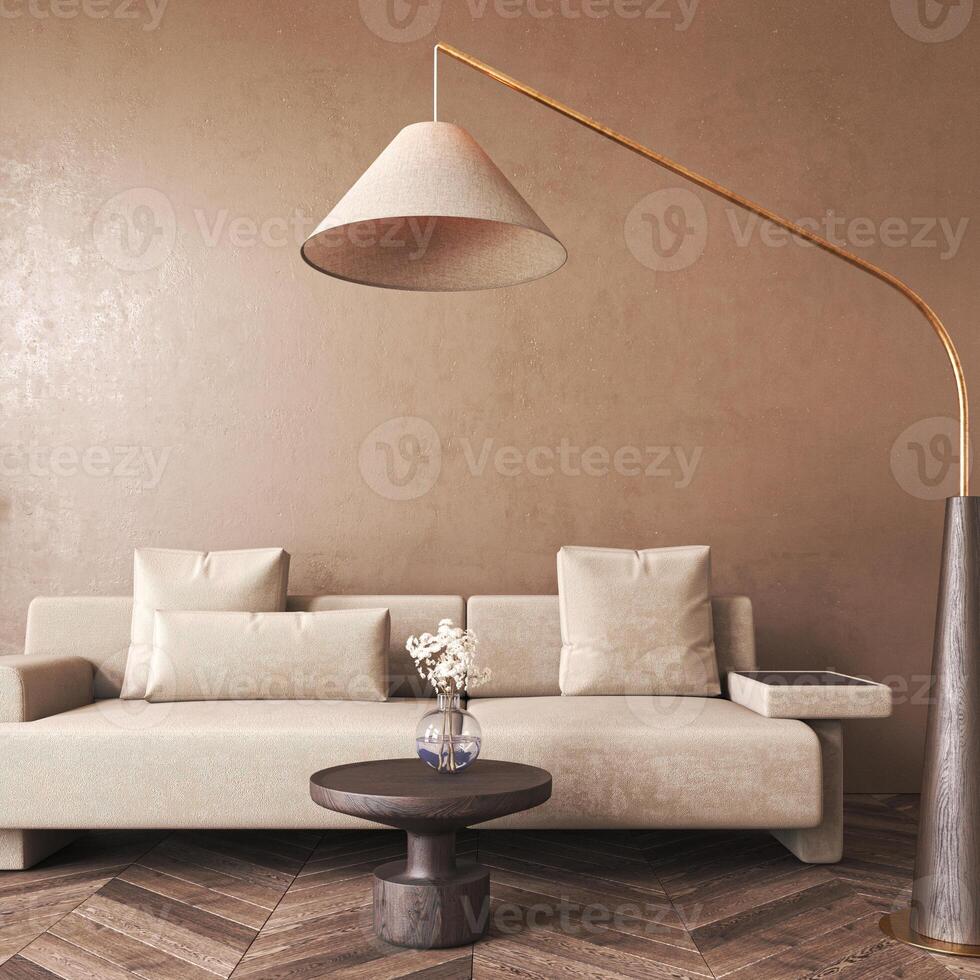 Modern scandinavian style conceptual design interior room. Mock up frame beige plaster wall. Minimal sofa with wooden table and decor. 3d rendering. High quality 3d illustration photo