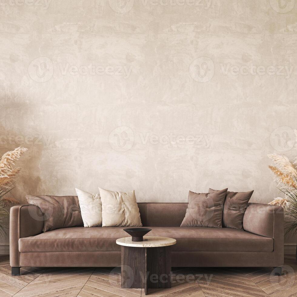 Modern scandinavian style conceptual design interior room. Mock up frame beige plaster wall. Minimal sofa with wooden table and decor. 3d rendering. High quality 3d illustration photo
