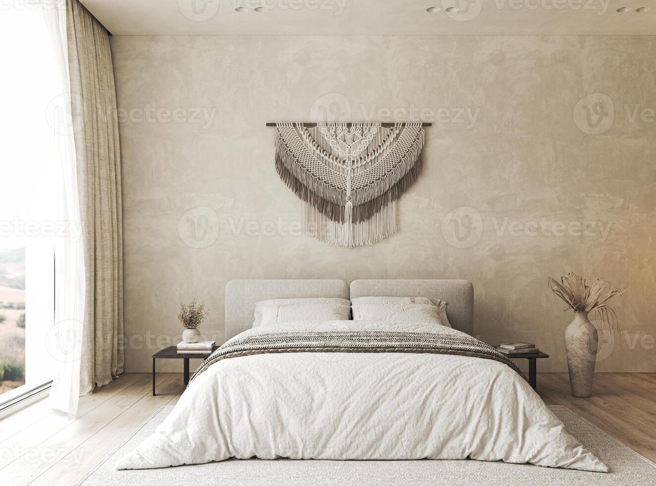 Bedroom interior mockup in boho style with fringed blanket, pillows, white bedding, dried pampas grass, basket lamp and curtain. 3d rendering. High quality 3d illustration photo