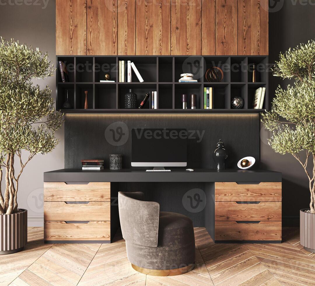 Home interior office with wooden table, chair and decor in boho scandi living room. Large green trees. Computer screen mock up. 3d render. High quality 3d illustration photo