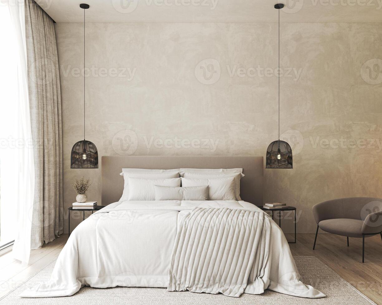 Bedroom interior mockup in boho style with fringed blanket, pillows, white bedding, dried pampas grass, basket lamp and curtain. 3d rendering. High quality 3d illustration photo