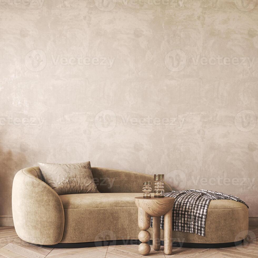 Modern scandinavian style conceptual design interior room. Mock up frame beige plaster wall. Minimal sofa with wooden table and decor. 3d rendering. High quality 3d illustration photo