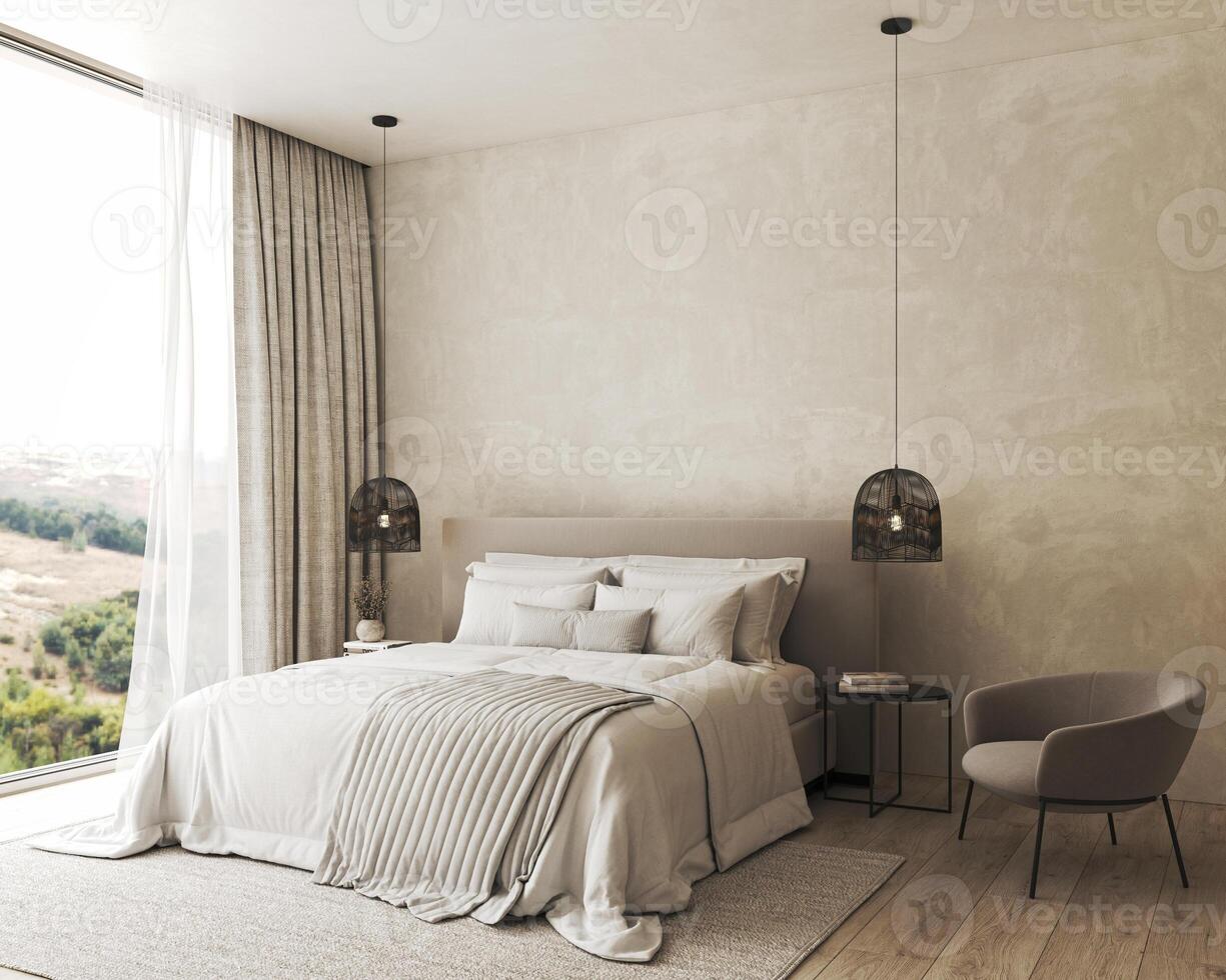 Bedroom interior mockup in boho style with fringed blanket, pillows, white bedding, dried pampas grass, basket lamp and curtain. 3d rendering. High quality 3d illustration photo