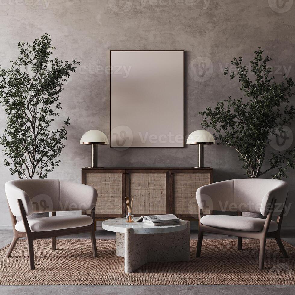 Dark living room interior with armchairs, wooden commode and mock up canvas poster. 3d rendering. High quality 3d illustration photo