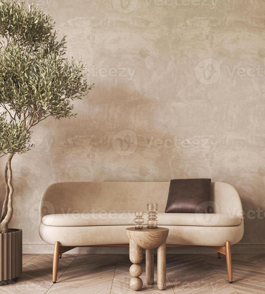 Modern scandinavian style conceptual design interior room. Mock up frame beige plaster wall. Minimal sofa with wooden table and decor. 3d rendering. High quality 3d illustration photo