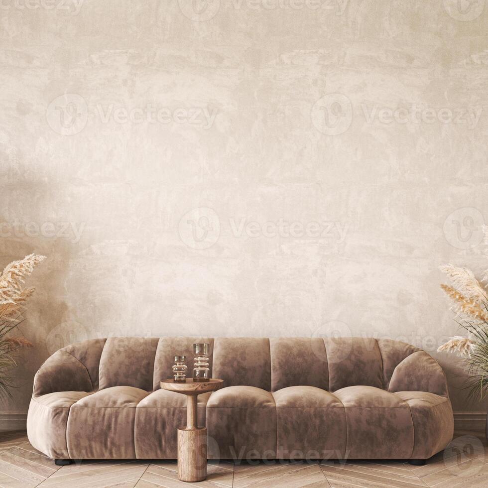 Modern scandinavian style conceptual design interior room. Mock up frame beige plaster wall. Minimal sofa with wooden table and decor. 3d rendering. High quality 3d illustration photo