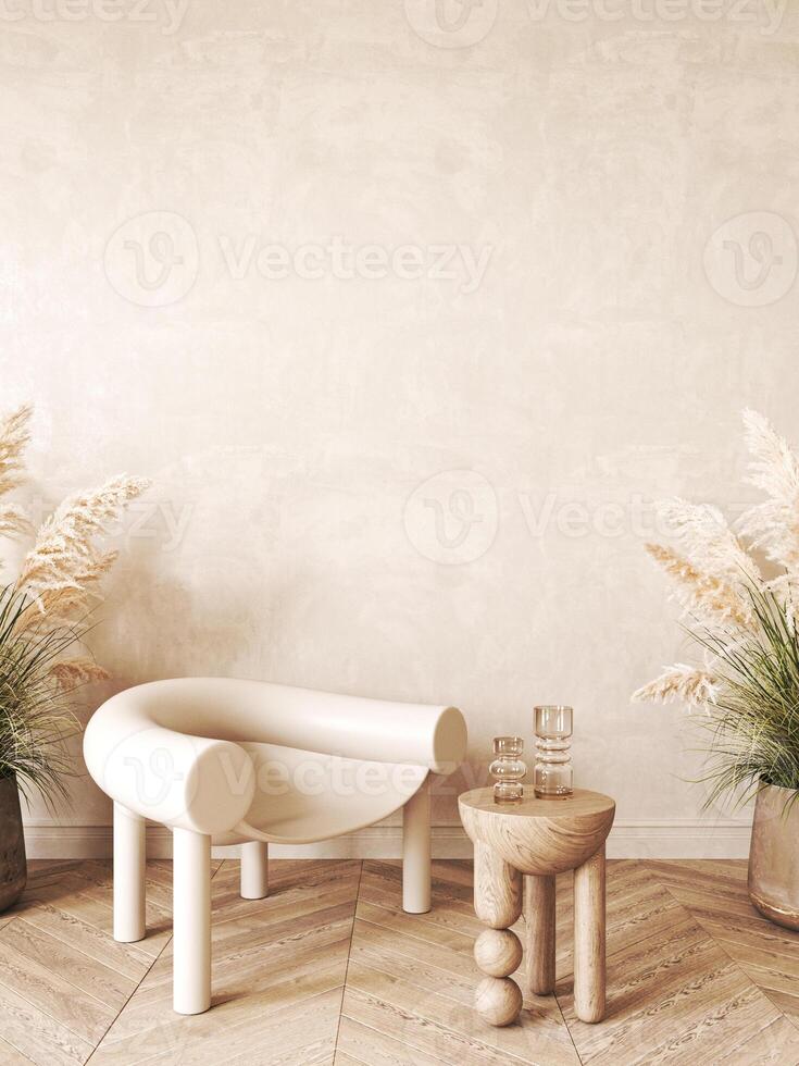 Modern scandinavian style conceptual design interior room. Mock up frame beige plaster wall. Minimal sofa with wooden table and decor. 3d rendering. High quality 3d illustration photo