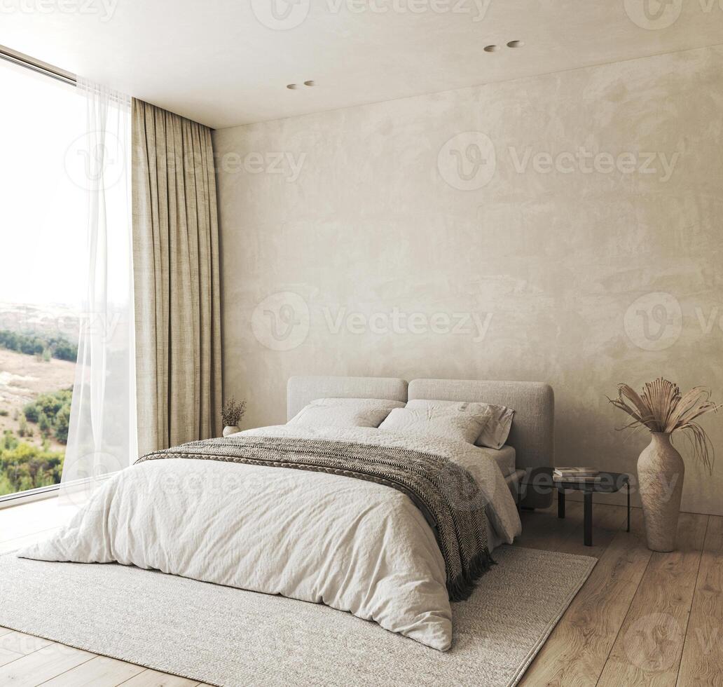 Bedroom interior mockup in boho style with fringed blanket, pillows, white bedding, dried pampas grass, basket lamp and curtain. 3d rendering. High quality 3d illustration photo