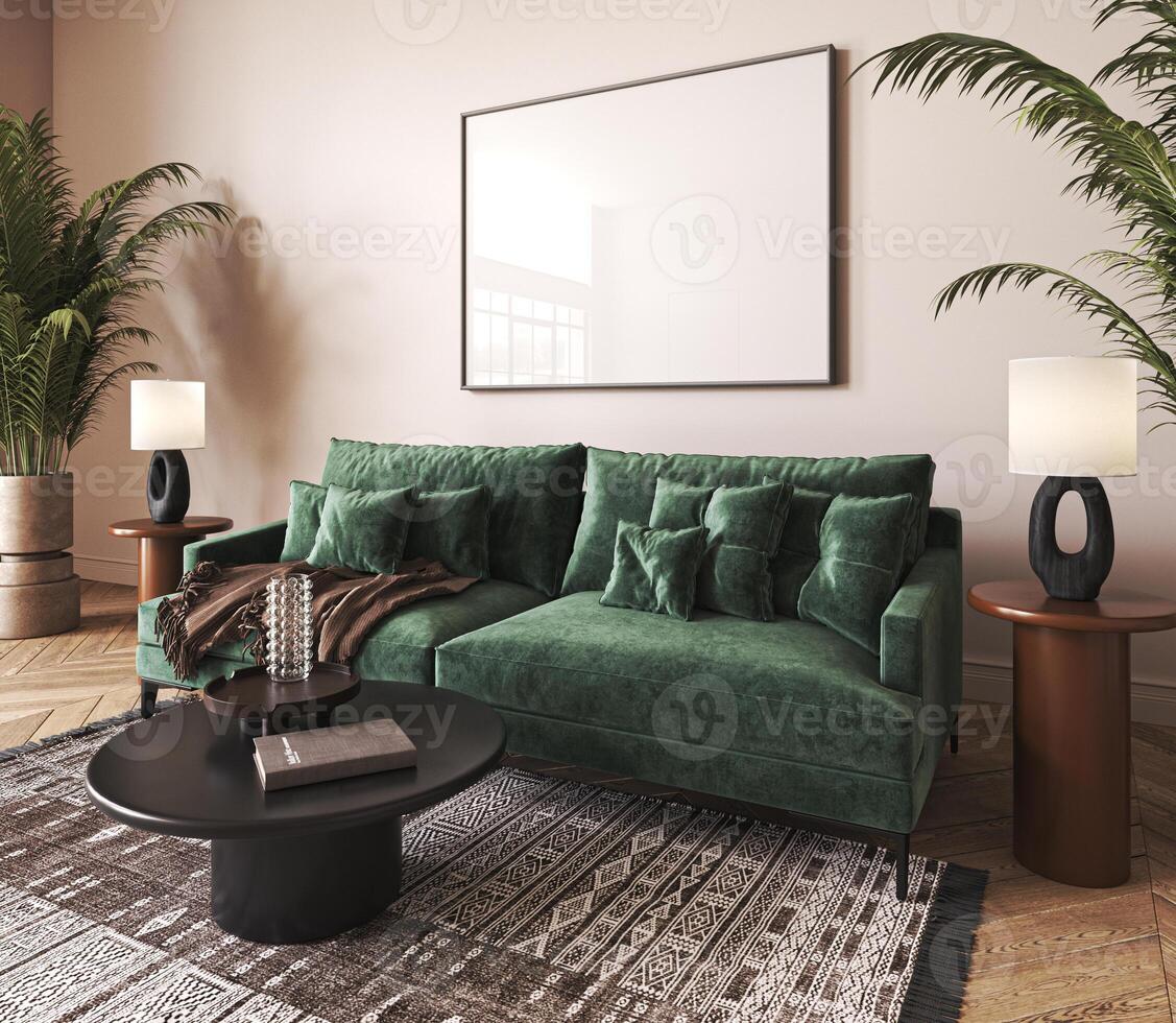 House interior with dark green sofa, table and decor in boho scandi living room. Frame mock up. 3d render. High quality 3d illustration photo