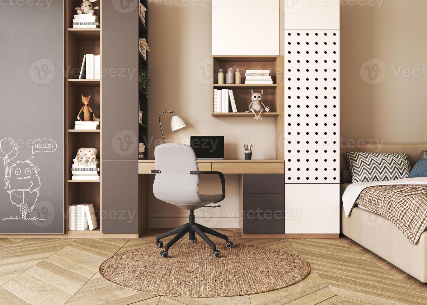 Mock up frame wall kids room. Boho lighting interior with bed and workplace. Interior design scandinavian style. 3d rendering. High quality 3d illustration photo