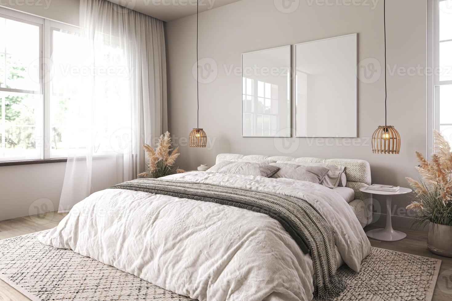 Vertical two frame mockup in boho bedroom interior with wooden floor and white bed. Beige blanket, cushion and dried grass. Basket and wicker lamp on wall. 3d rendering. High quality 3d illustration photo