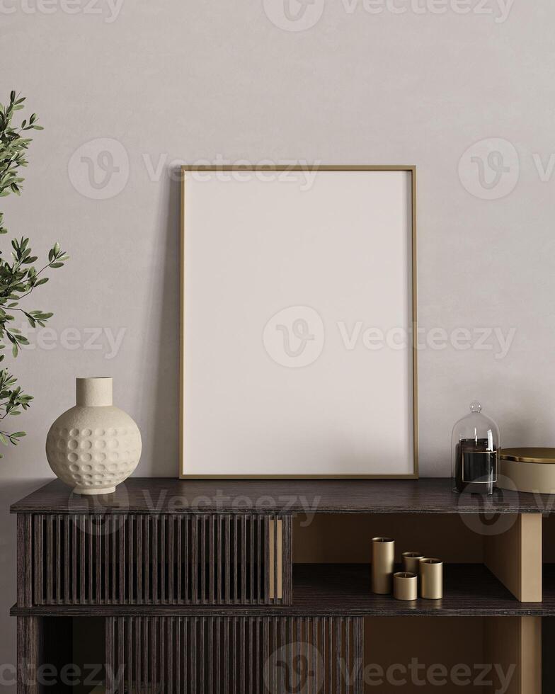 Modern livingroom interior with wooden dresser and minimalist art decoration. Mock up canvas poster on beige wall. 3d rendering. High quality 3d illustration photo